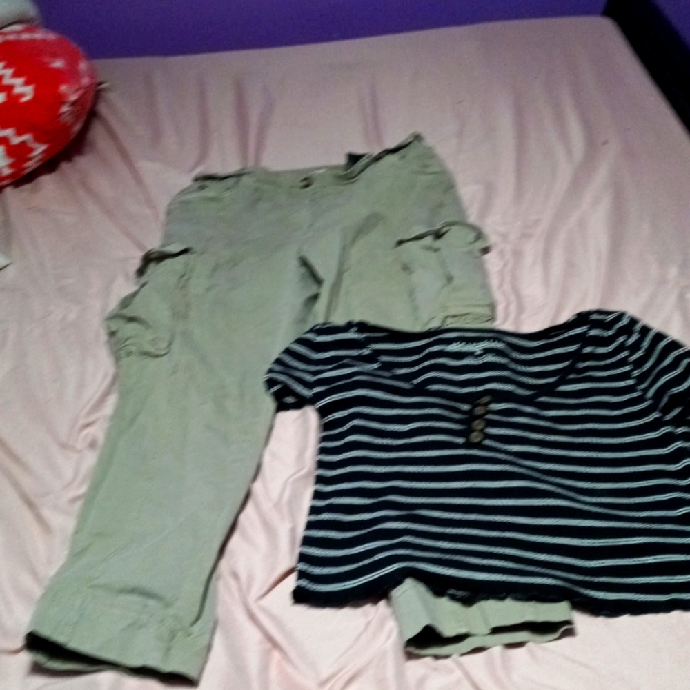 Kaki pants with black and white stripped shirt